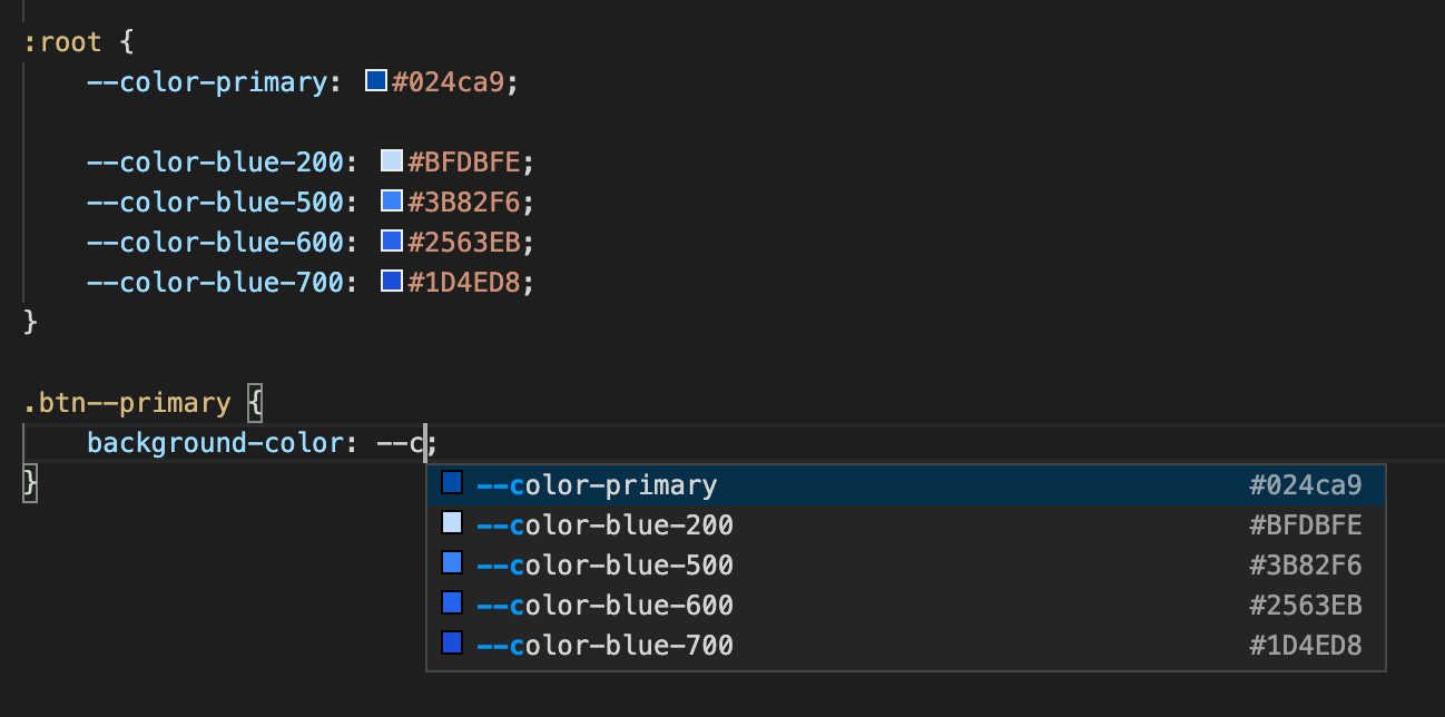 Visual Studio Code completes color variables automatically